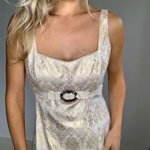Tahari Champagne & Gold Brocade Dress Empire Waist, ribbon sash 60s vibes sz6
